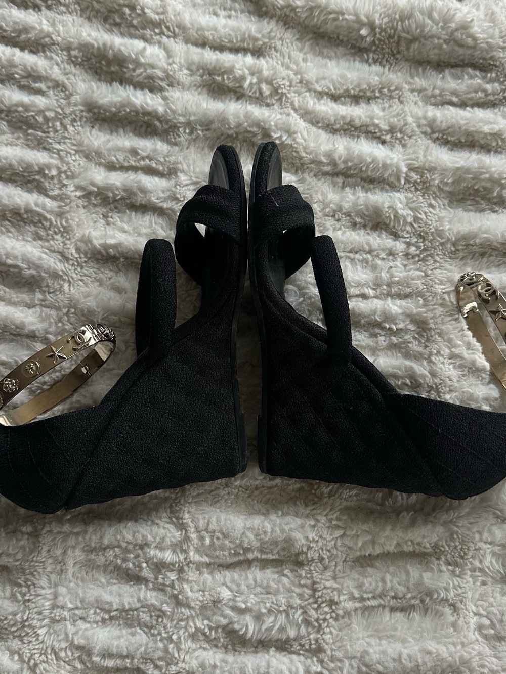 CHANEL Black Canvas Logo Lucky Charms Wedge Sandals - Picture 6 of 16